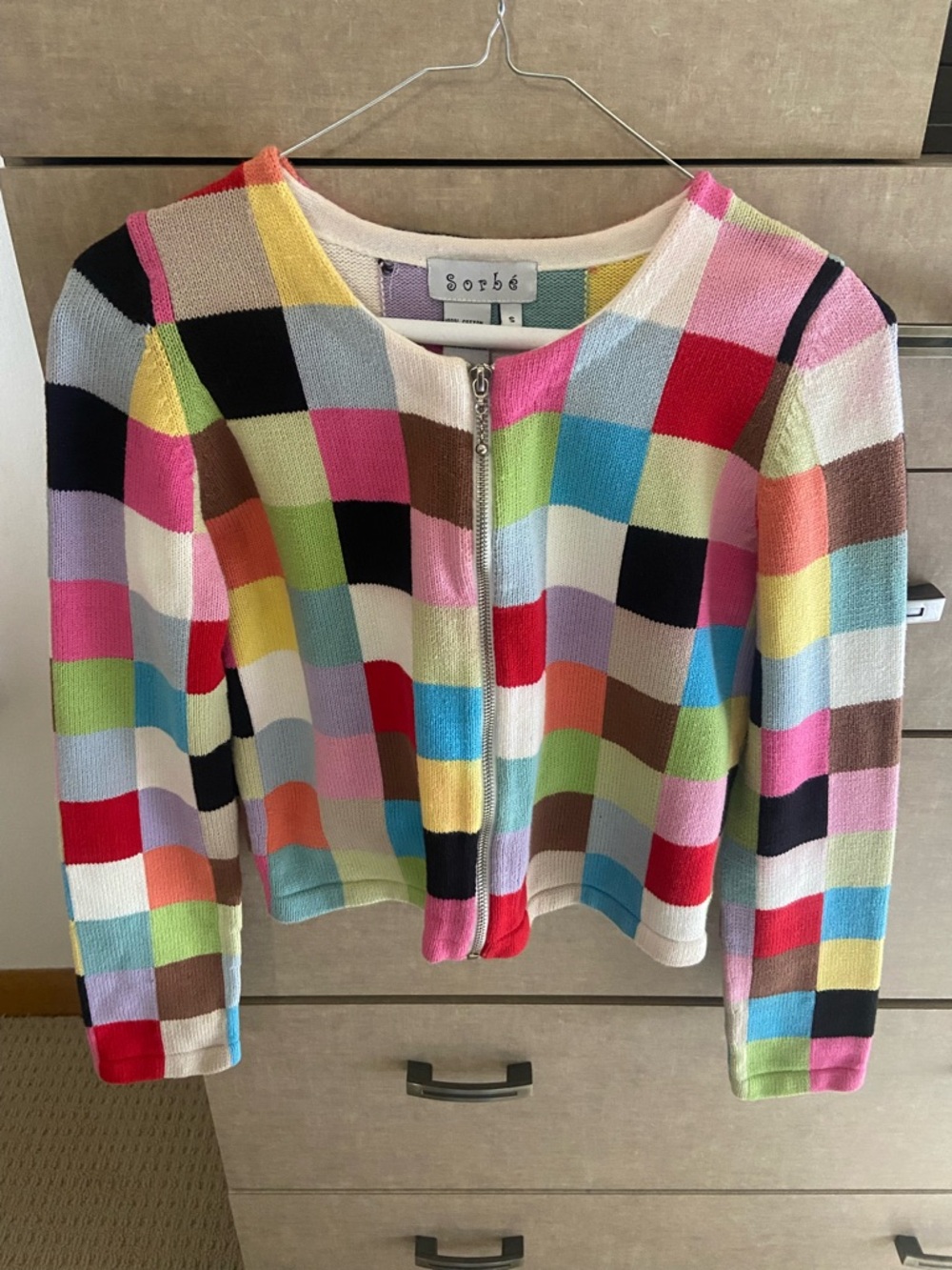 Vintage Sorbet Multicolor Checkered Zip Cardigan - Bright Patchwork